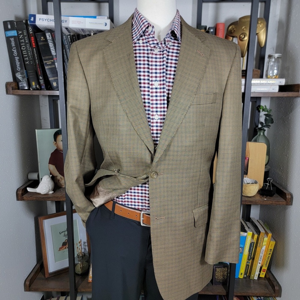 JOS A BANK GORDON Men's Sport Coat Two Button Brown Houndstooth Silk Wool 40L